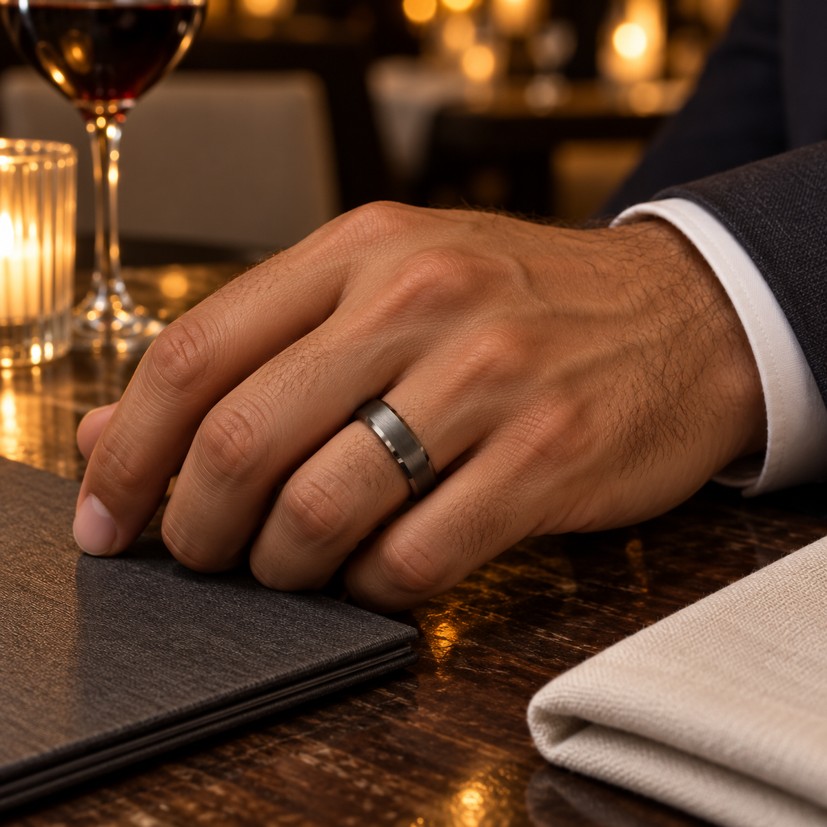 TR807 tungsten wedding band lifestyle image