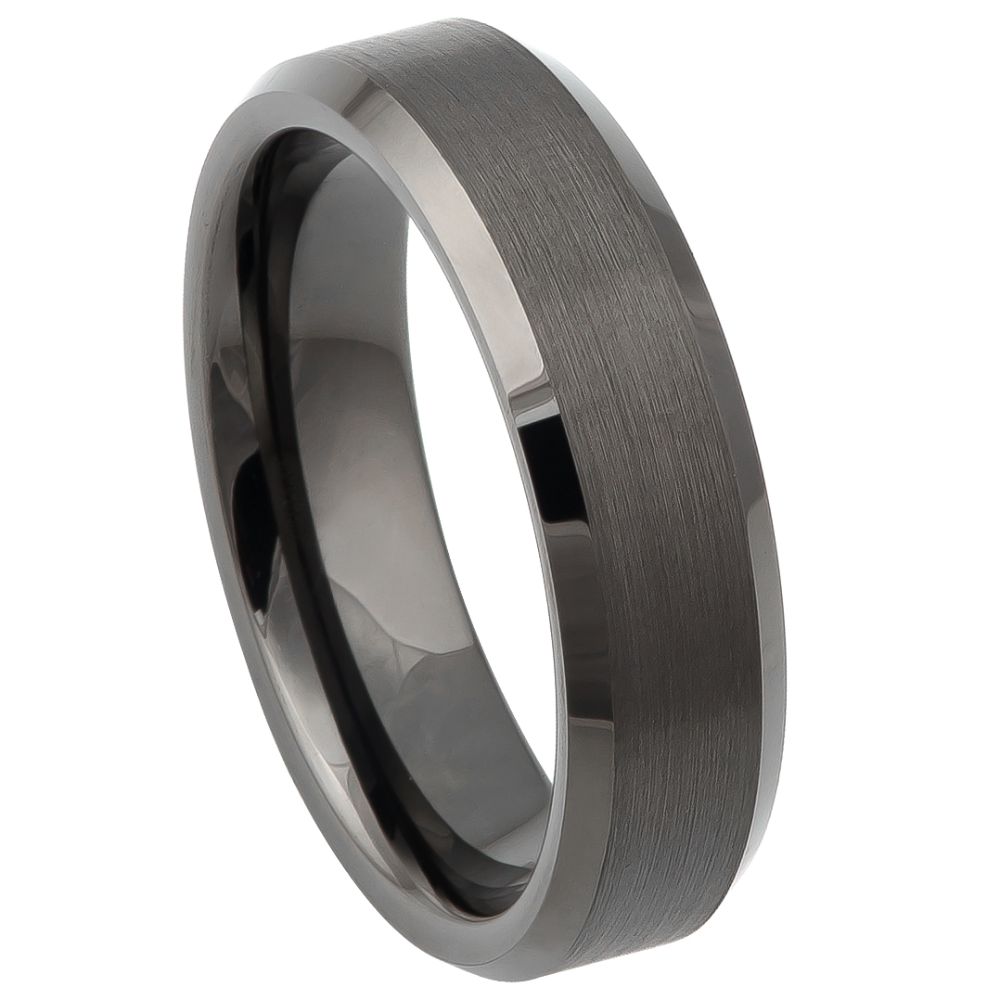 6mm Gunmetal Tungsten Brushed Beveled-Edge Band on white background