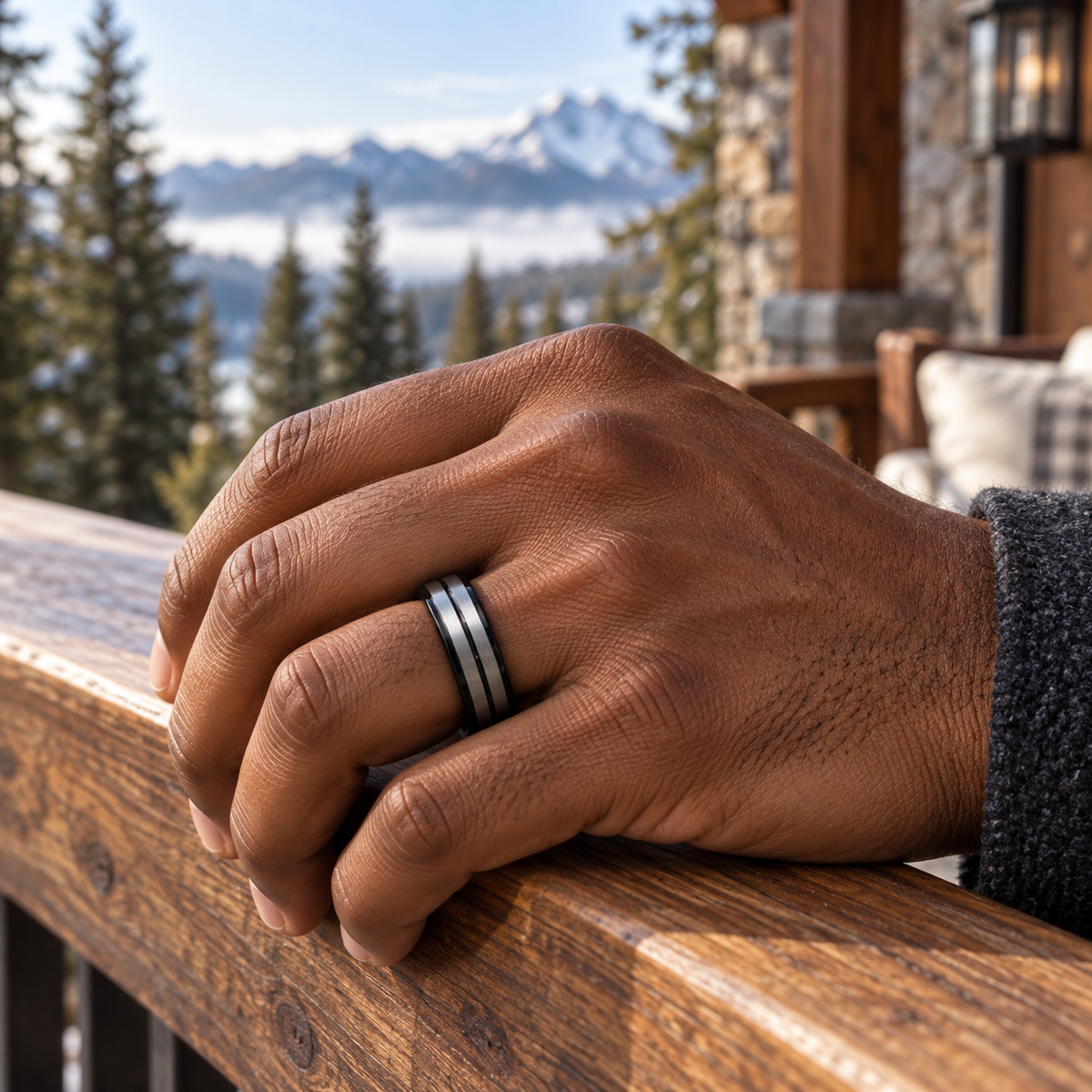 TR808 tungsten wedding band lifestyle image