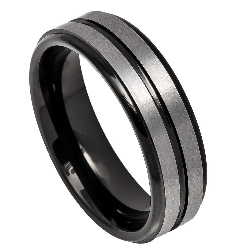6mm Black & Silver Tungsten Brushed Double-Groove Band on white background