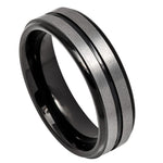 6mm Black & Silver Tungsten Brushed Double-Groove Band on white background