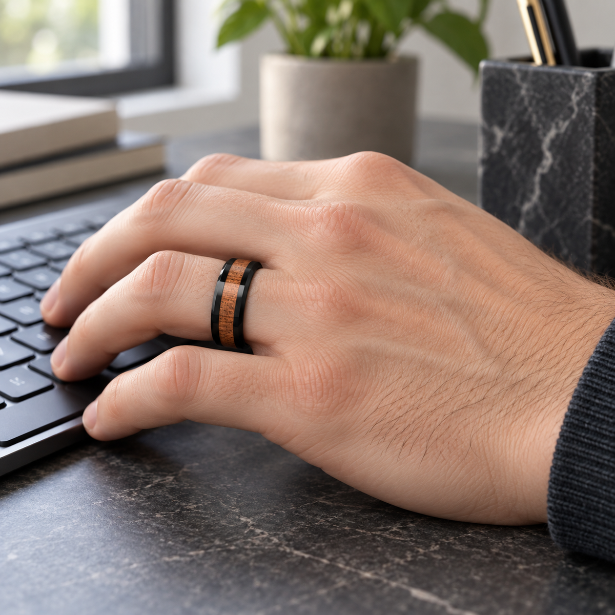 TR809 tungsten wedding band lifestyle image