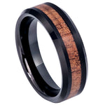6mm Black Tungsten Band with Hawaiian Koa Wood Inlay on white background