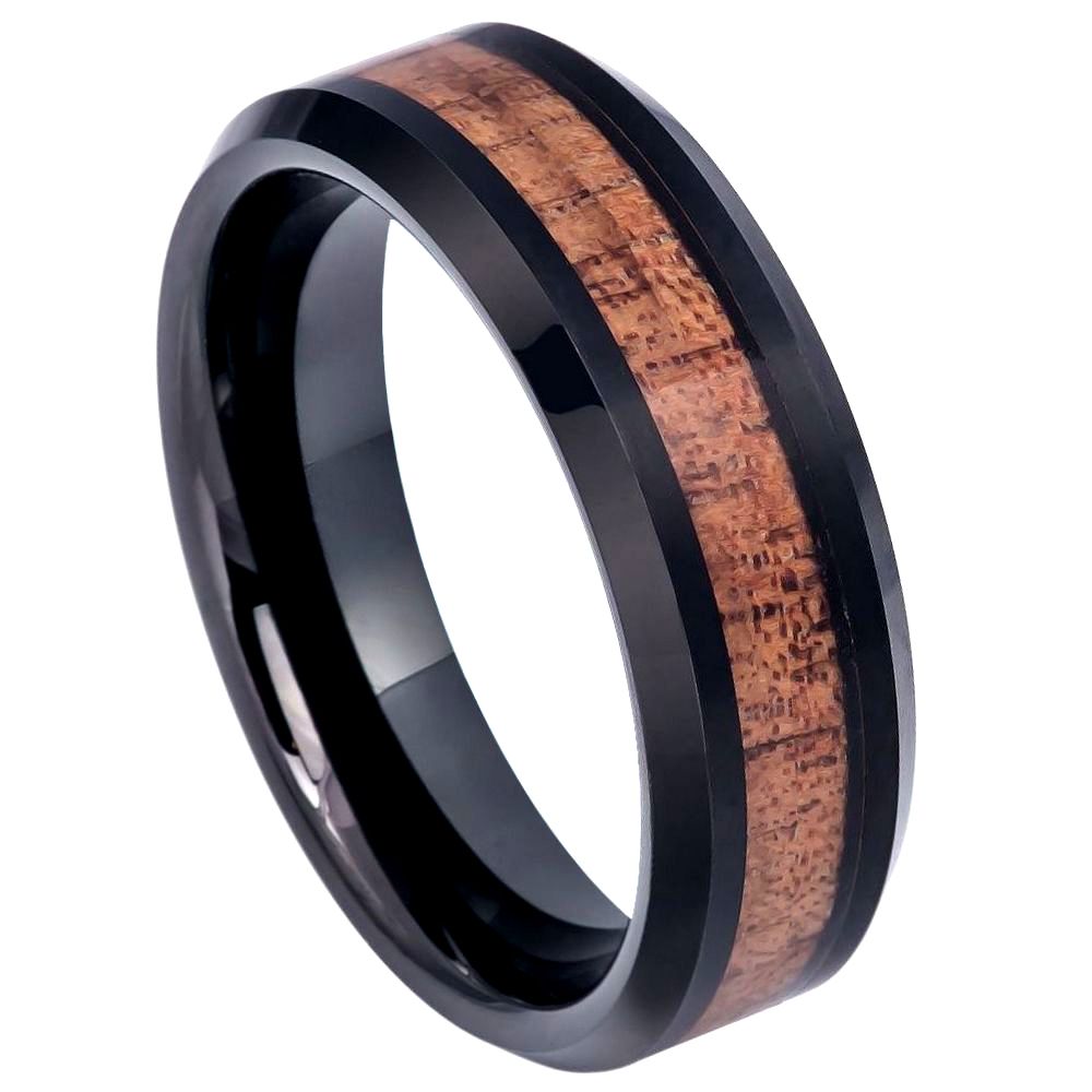 6mm Black Tungsten Band with Hawaiian Koa Wood Inlay on white background
