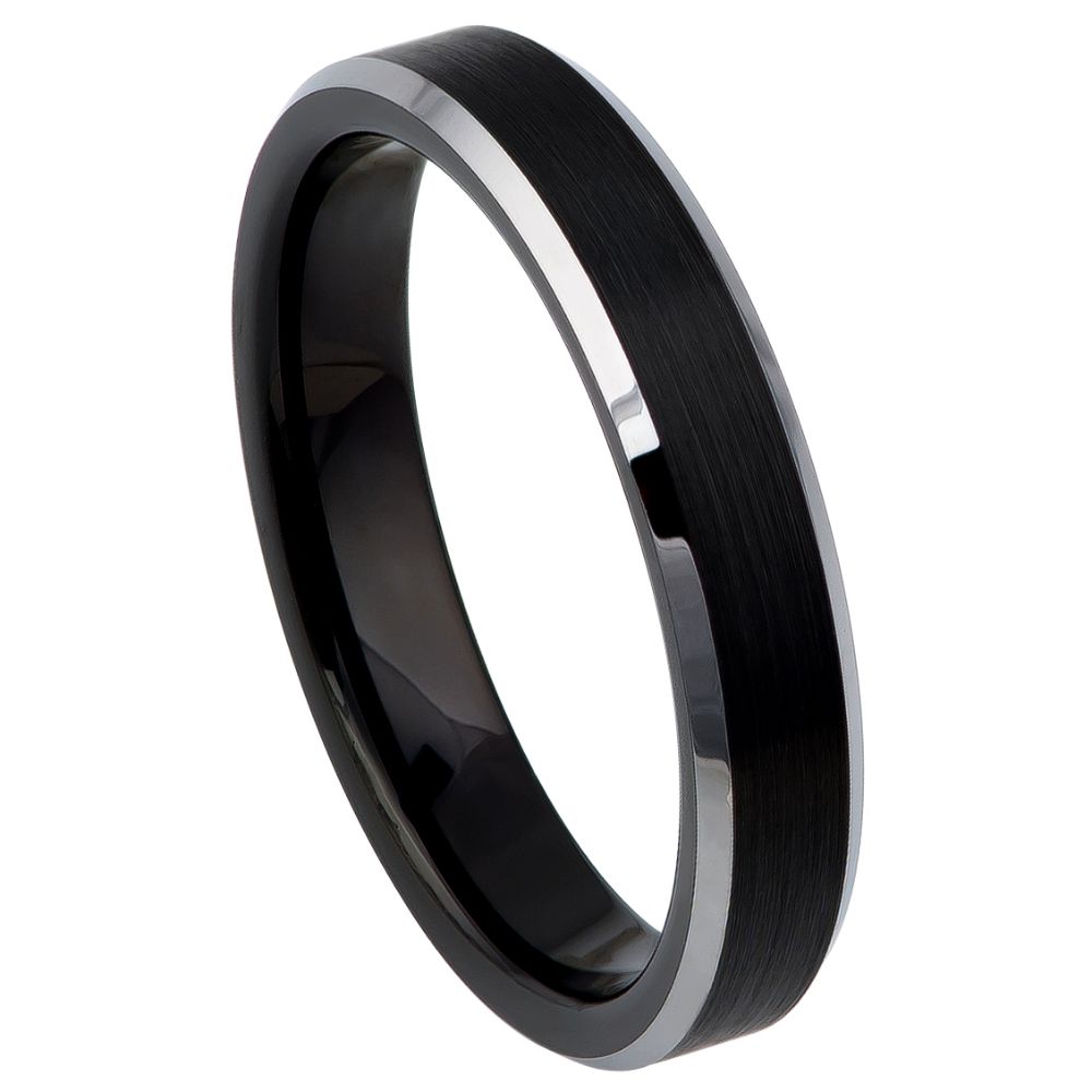 4mm Black Tungsten Brushed Band with Silver Beveled Edges on white background