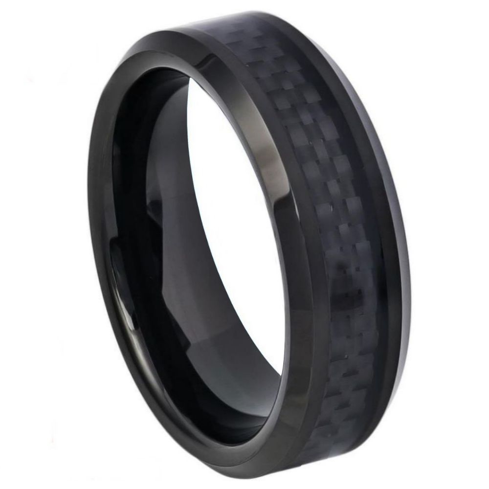 6mm Black Tungsten Band with Carbon Fiber Inlay on white background