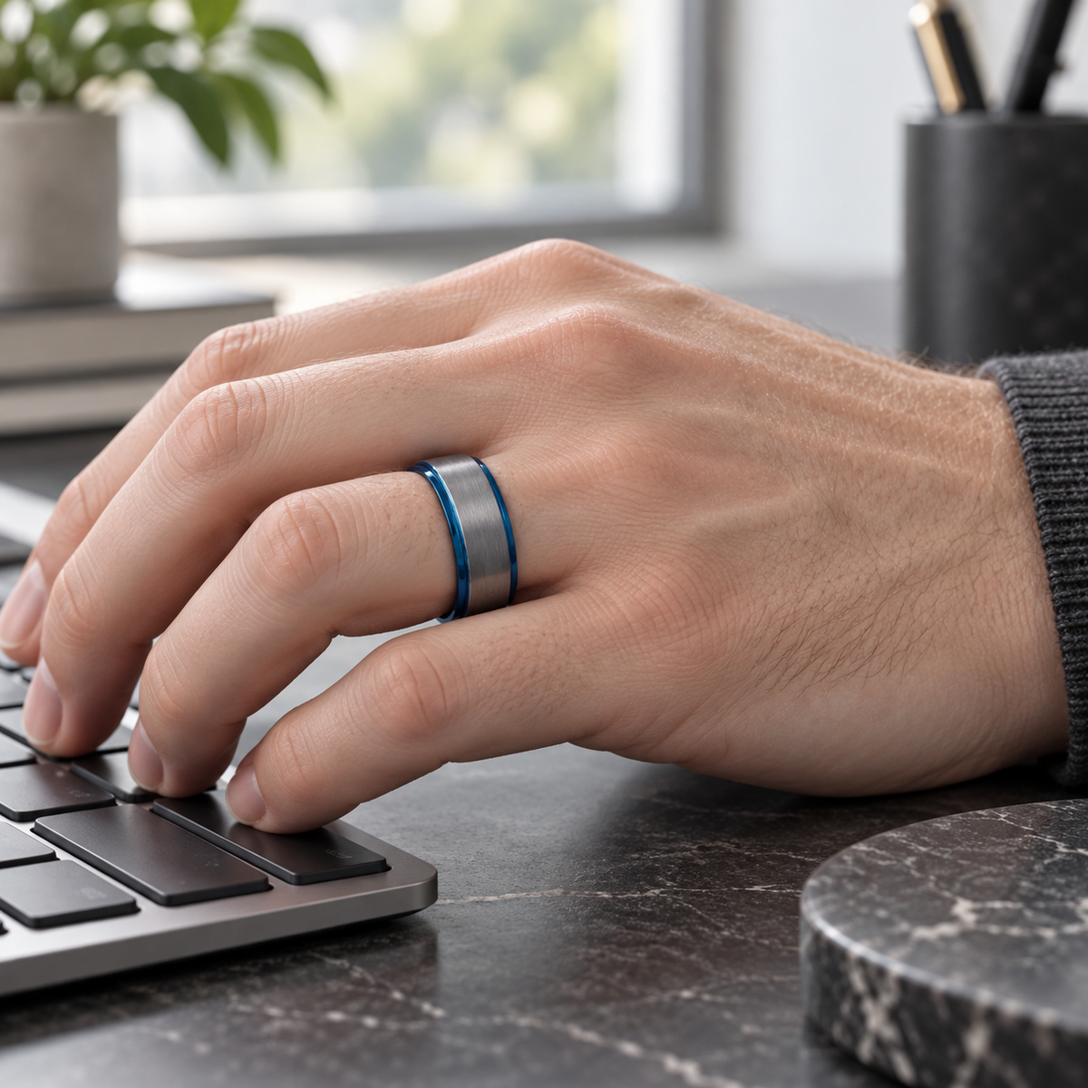 TR814 tungsten wedding band lifestyle image
