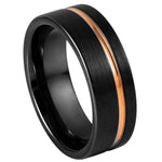 8mm Black Tungsten Brushed Band with Rose Center Stripe on white background