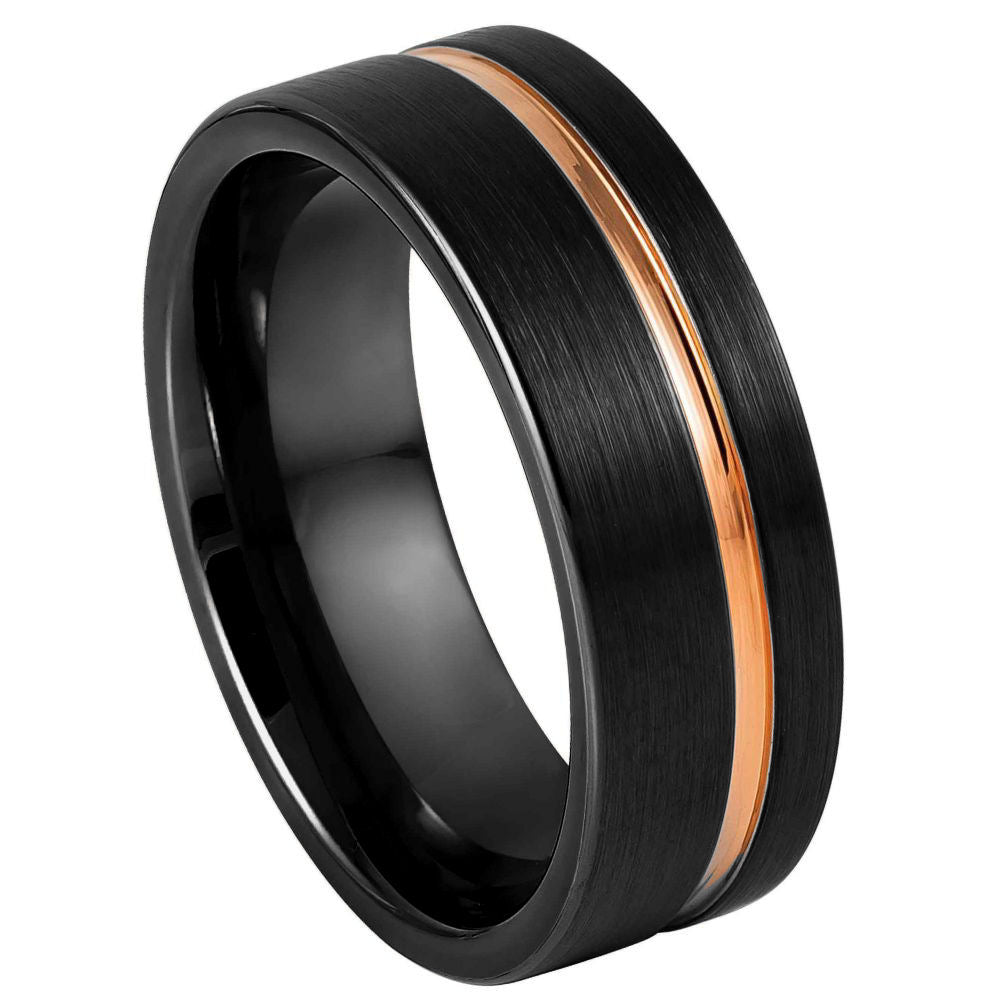 8mm Black Tungsten Brushed Band with Rose Center Stripe on white background