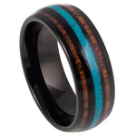8mm Black Tungsten Band with Turquoise & Koa Wood Inlay on white background