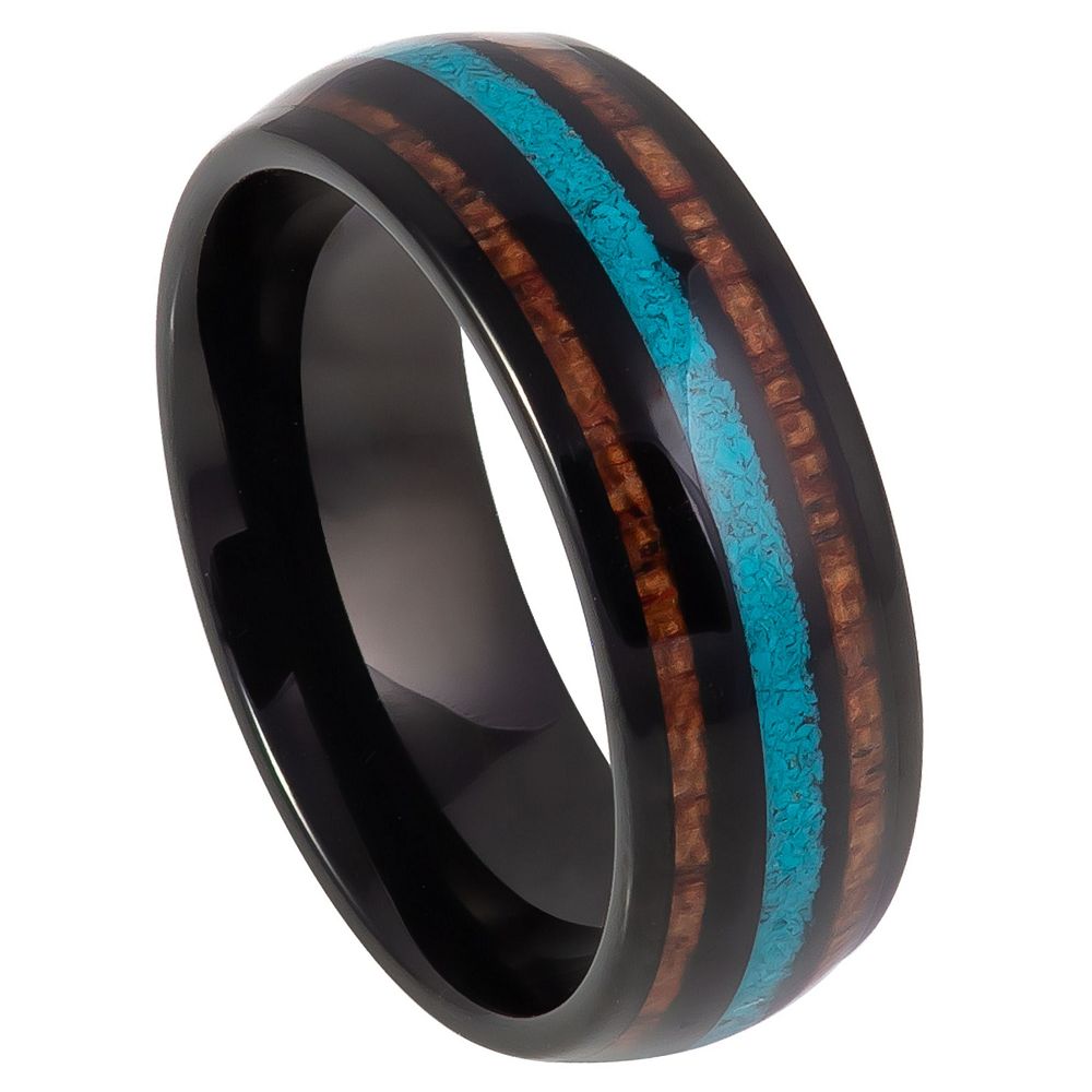 8mm Black Tungsten Band with Turquoise & Koa Wood Inlay on white background