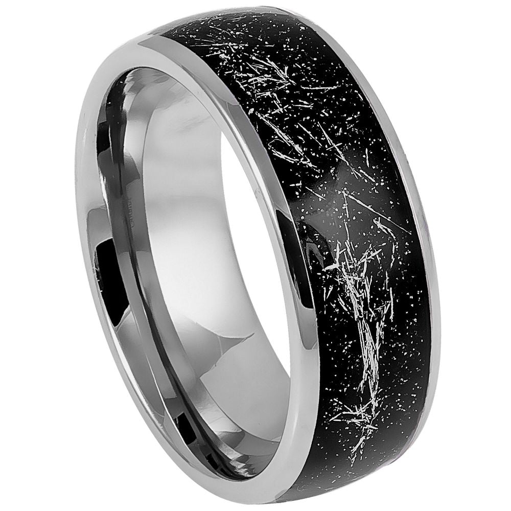 8mm Silver Tungsten Band with Black Stardust Inlay on white background