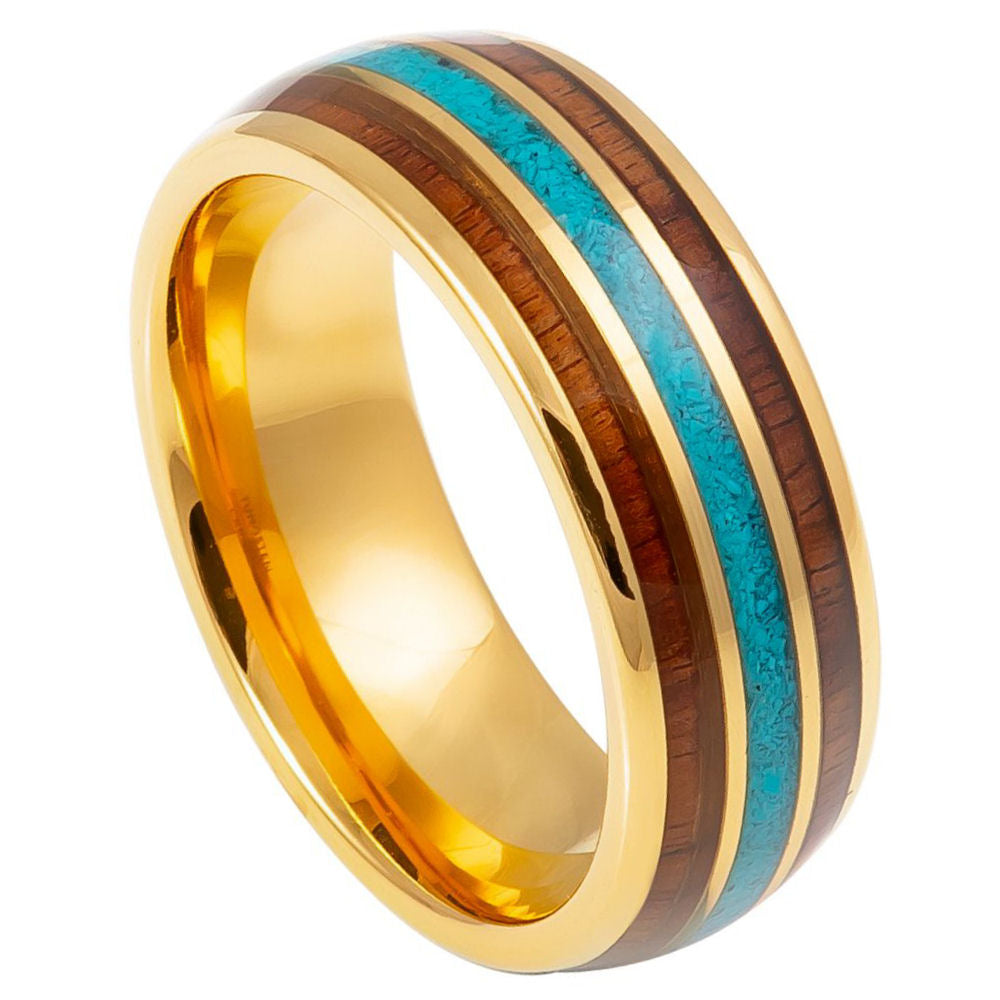 8mm Yellow Tungsten Band with Turquoise & Wood Inlay on white background