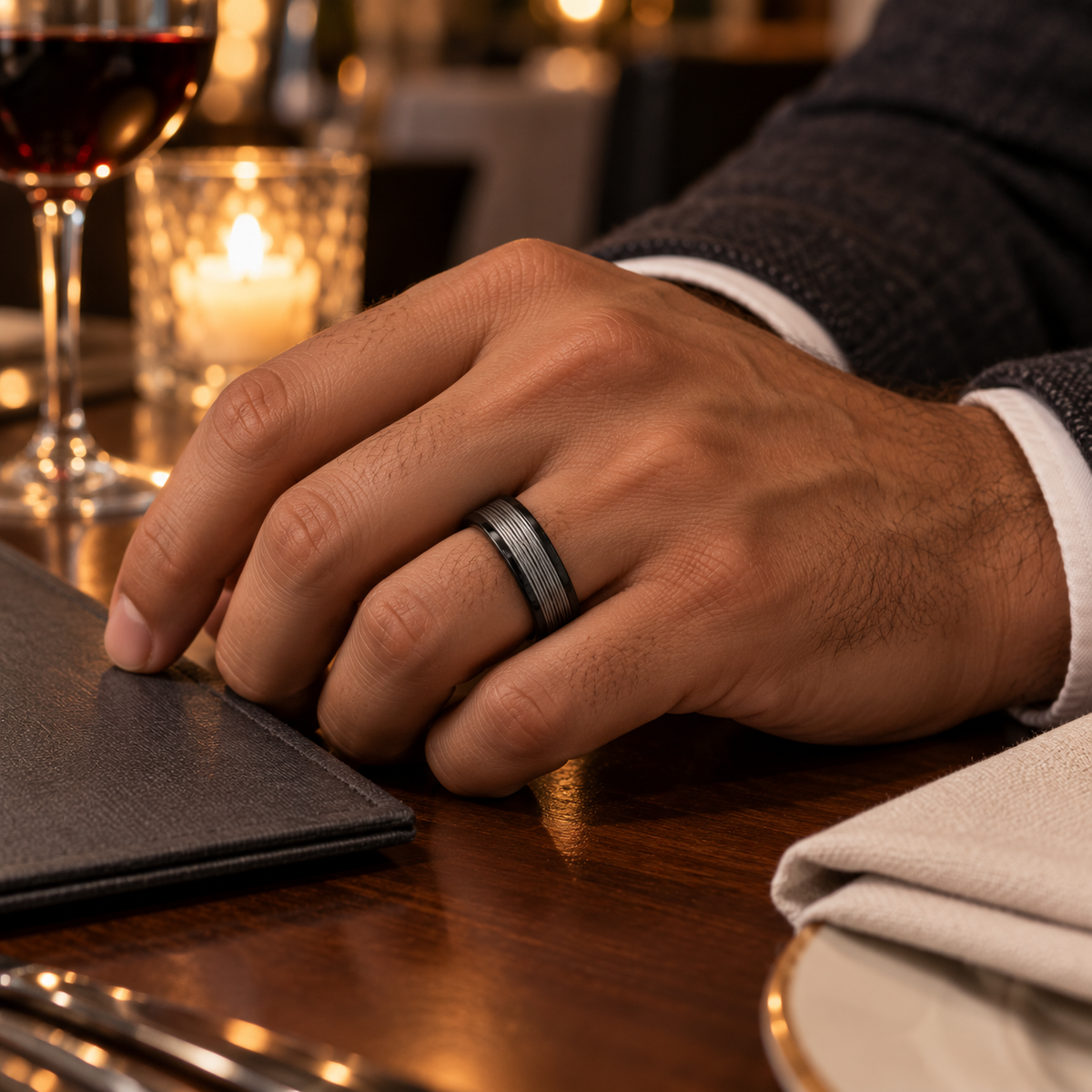 TR830 tungsten wedding band lifestyle image