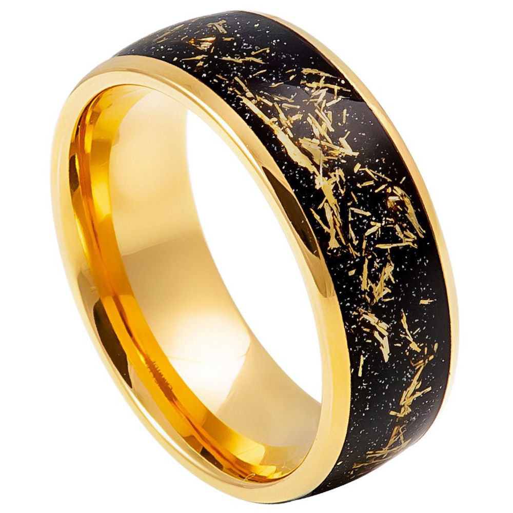 8mm Yellow Tungsten Band with Black & Gold Flake Inlay on white background