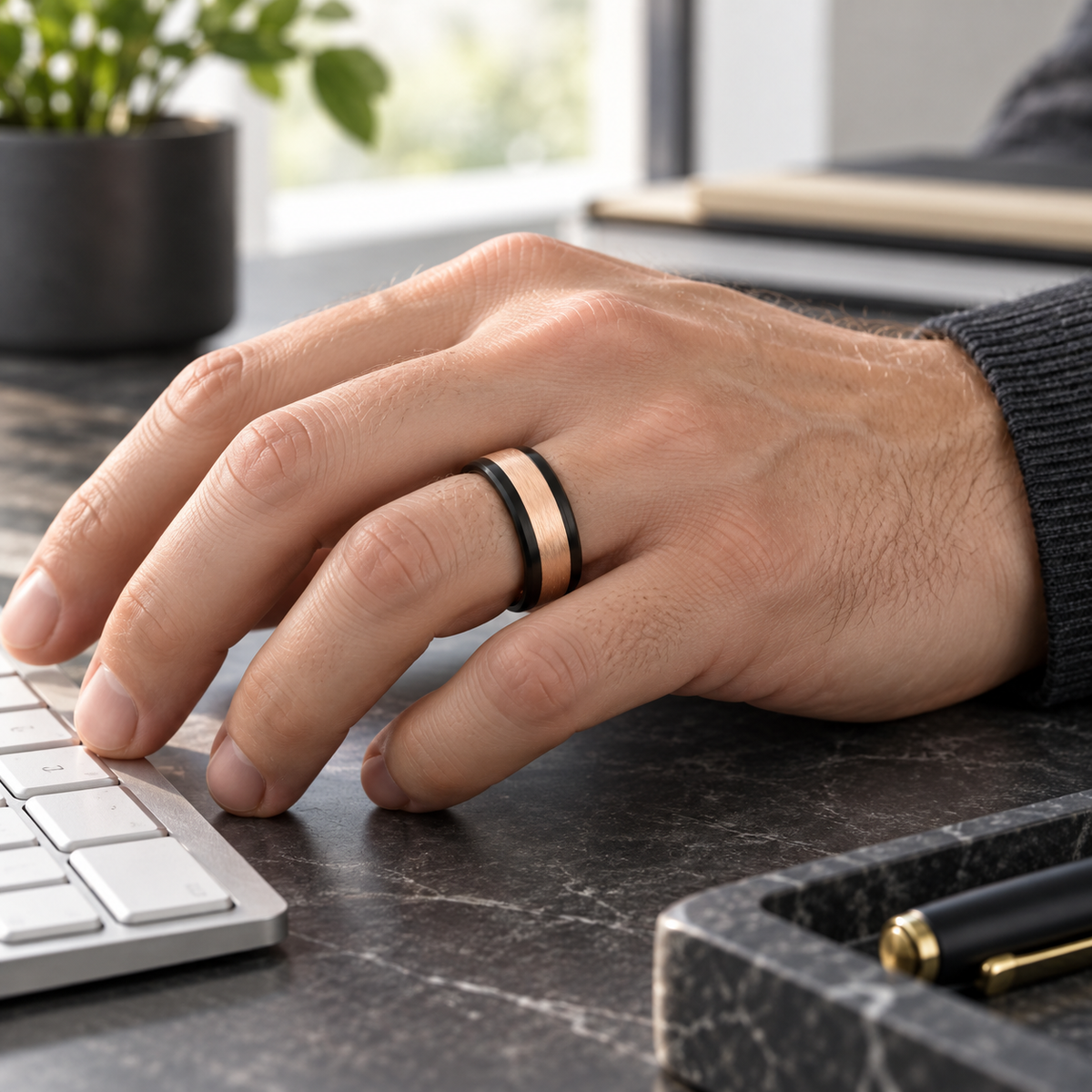 TR832 tungsten wedding band lifestyle image
