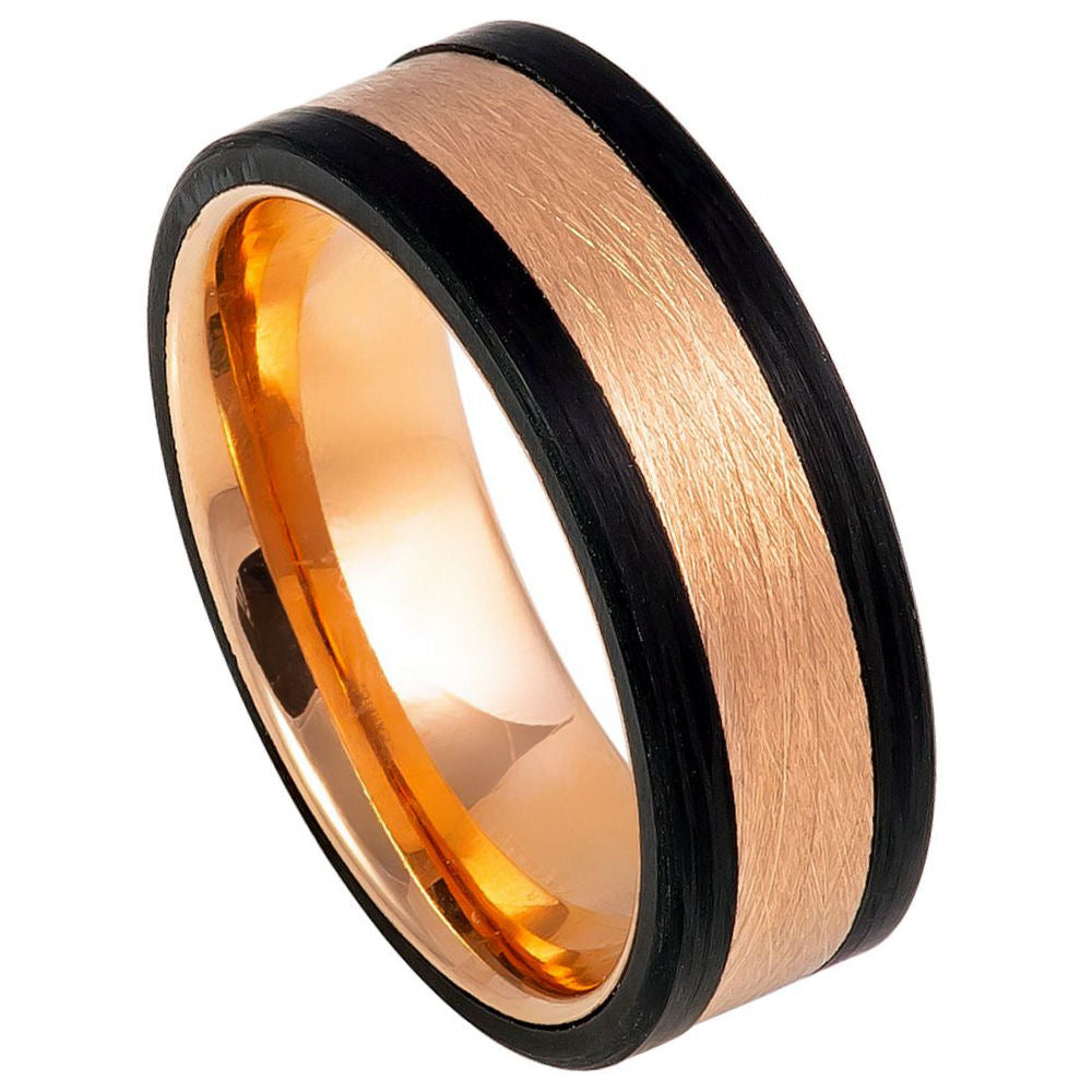 8mm Black & Rose Tungsten Brushed Center Band on white background