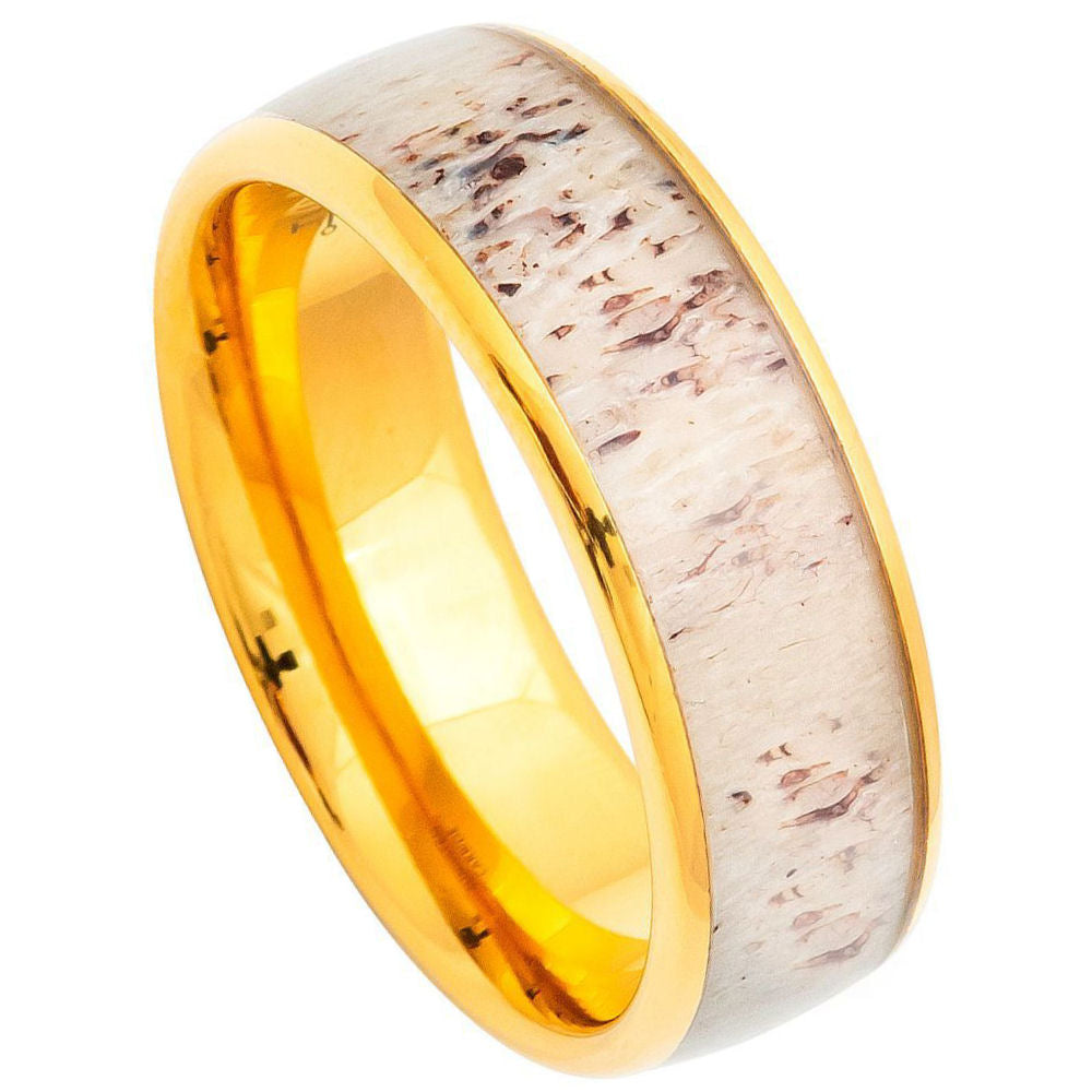 8mm Yellow Tungsten Band with Antler Inlay on white background