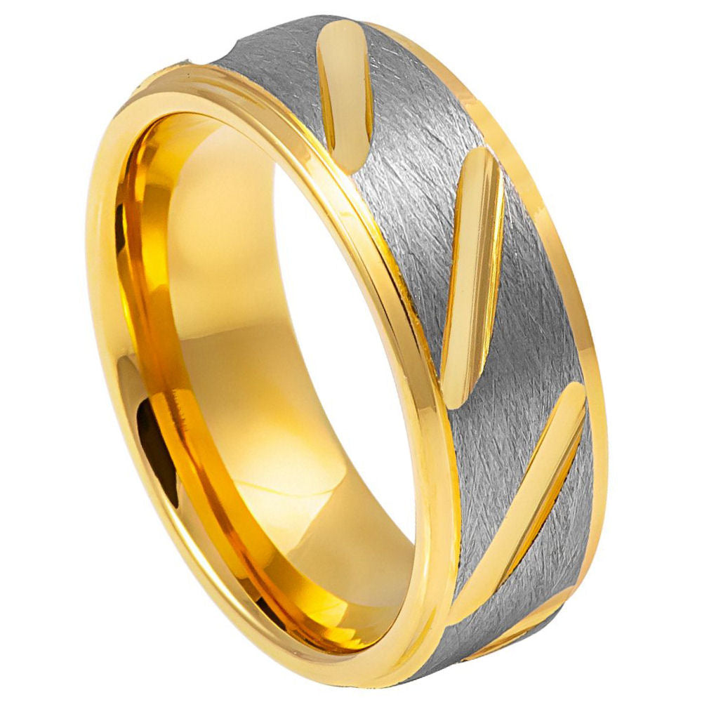 8mm Yellow & Silver Tungsten Geometric-Pattern Band on white background