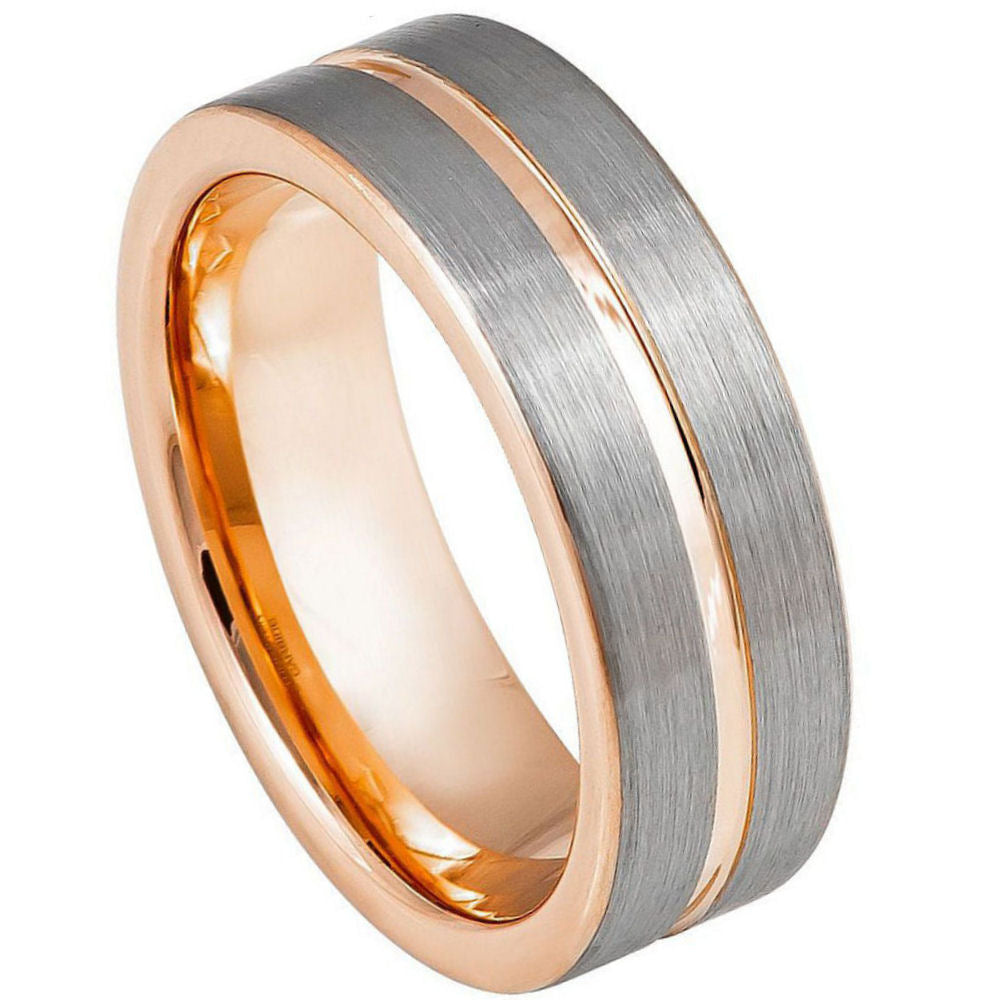 8mm Silver Tungsten Brushed Band with Rose Double Grooves on white background