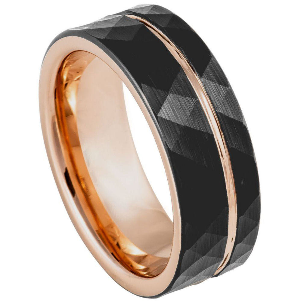 8mm Black Tungsten Faceted Band with Rose Interior on white background