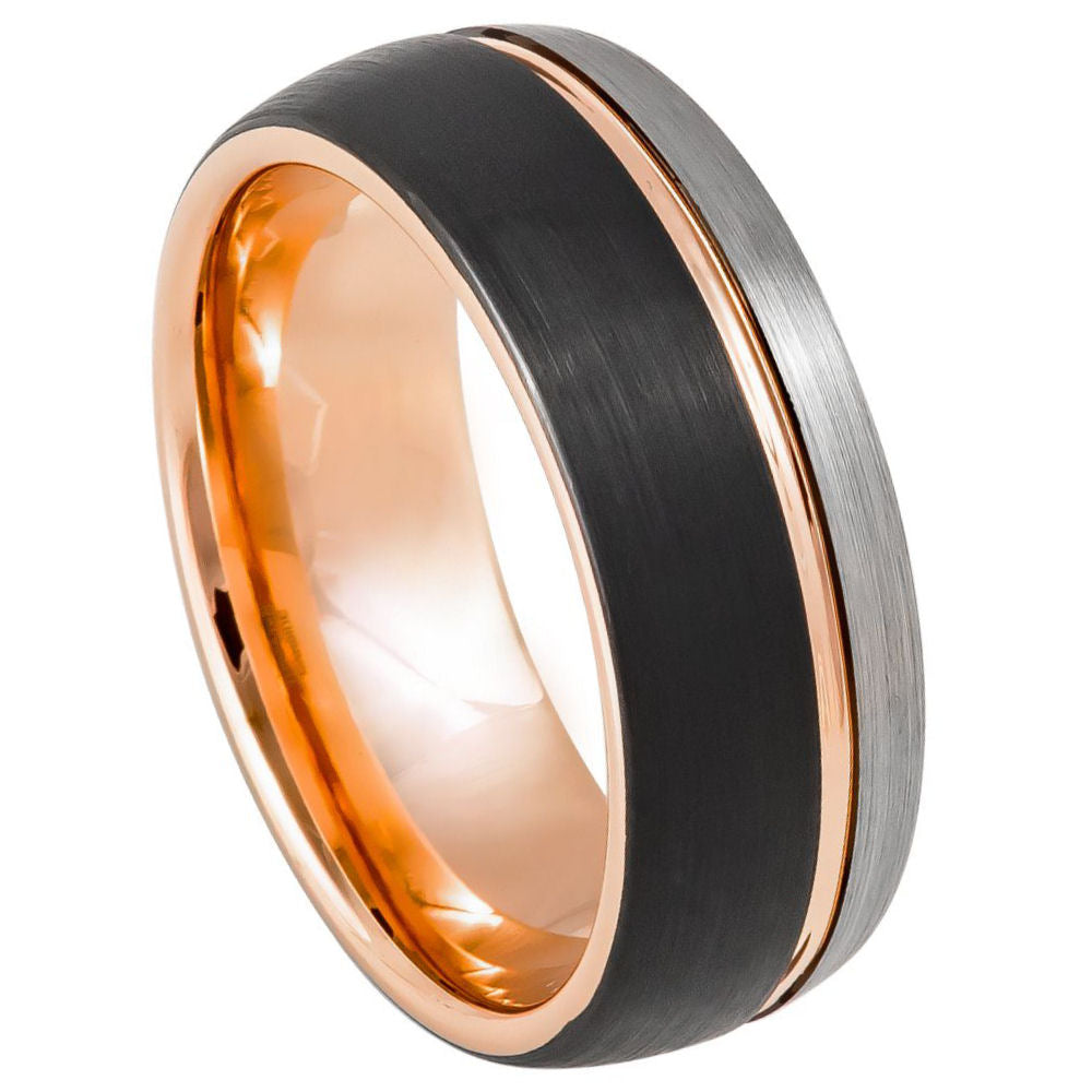 8mm Black Tungsten Brushed Band with Rose Edge Groove on white background