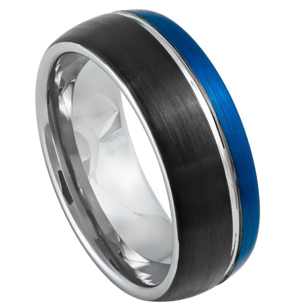 8mm Black Tungsten Brushed Band with Blue Interior on white background