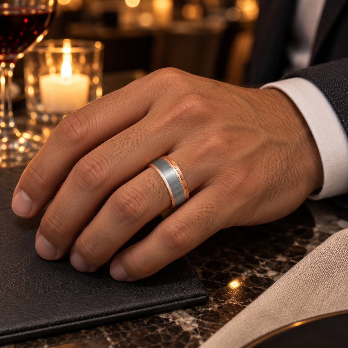 TR840 tungsten wedding band lifestyle image