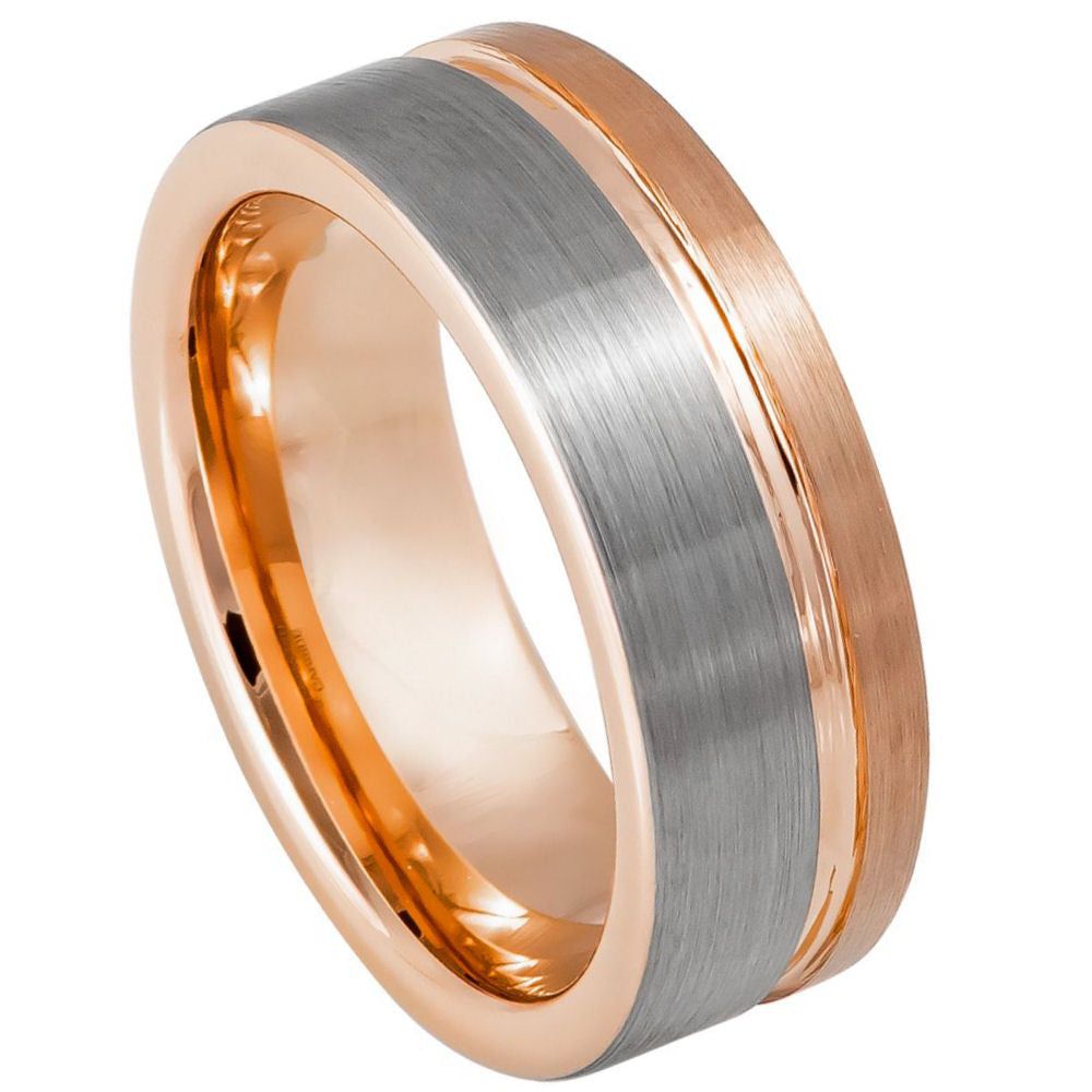 8mm Silver Tungsten Brushed Band with Rose Edges on white background