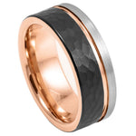 8mm Black Tungsten Hammered Band with Rose Interior on white background