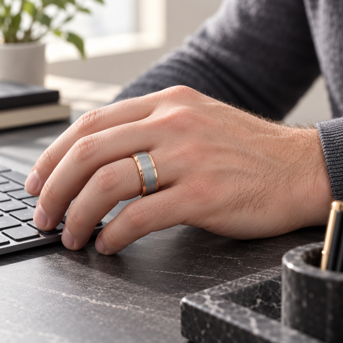 TR842 tungsten wedding band lifestyle image