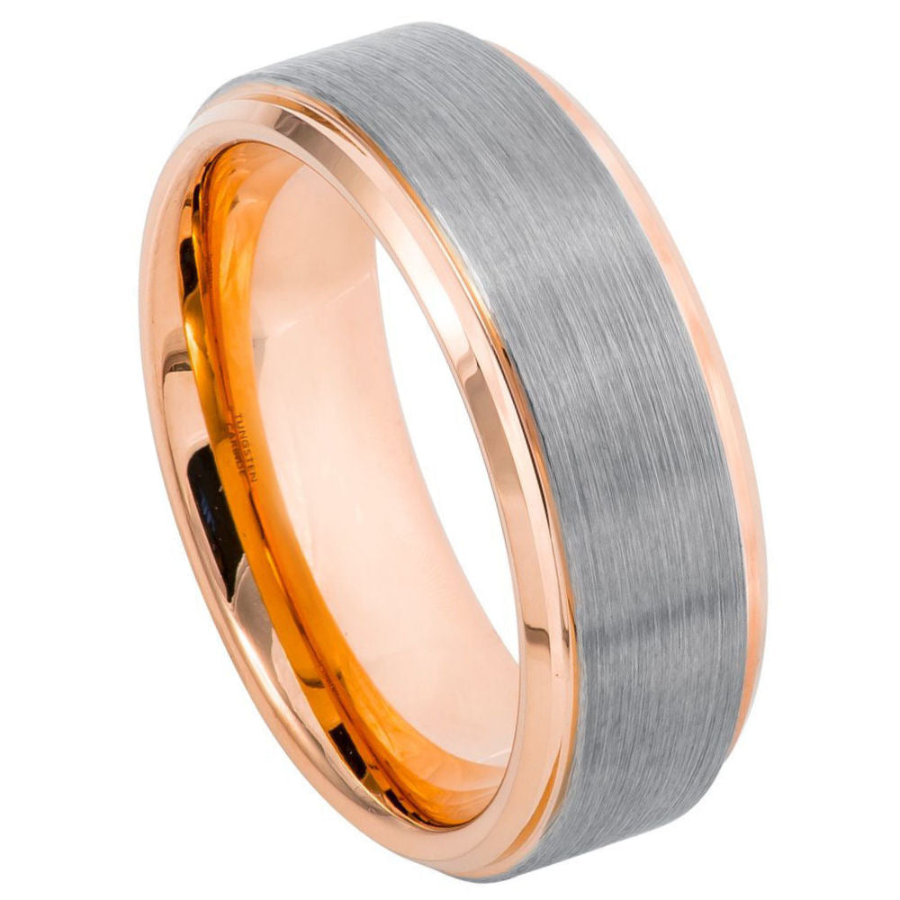 8mm Silver Tungsten Brushed Band with Rose Interior on white background