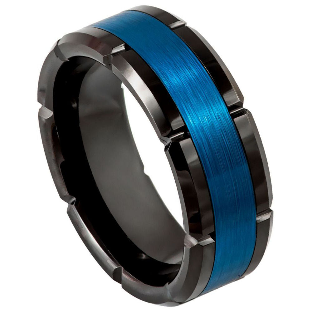 8mm Black Tungsten Band with Blue Brushed Center on white background