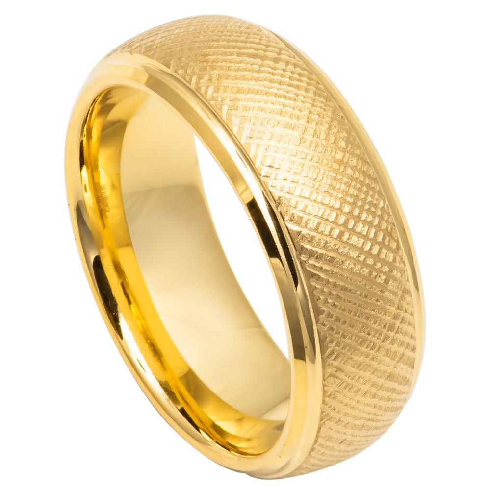 8mm Yellow Tungsten Textured Domed Band on white background