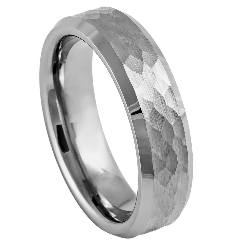 6mm Silver Tungsten Hammered Domed Band on white background