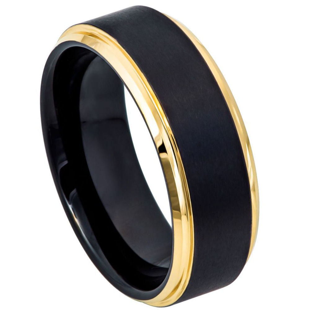 8mm Black Tungsten Brushed Band with Yellow Edges on white background