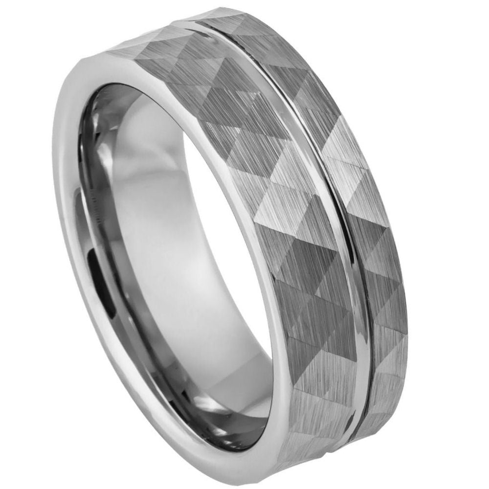8mm Silver Tungsten Faceted Band on white background