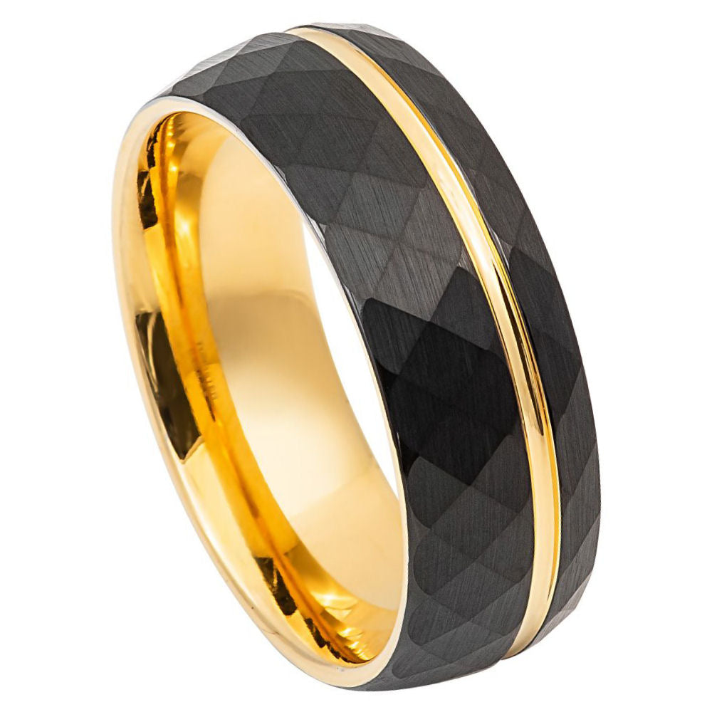 8mm Black Tungsten Faceted Band with Yellow Interior on white background