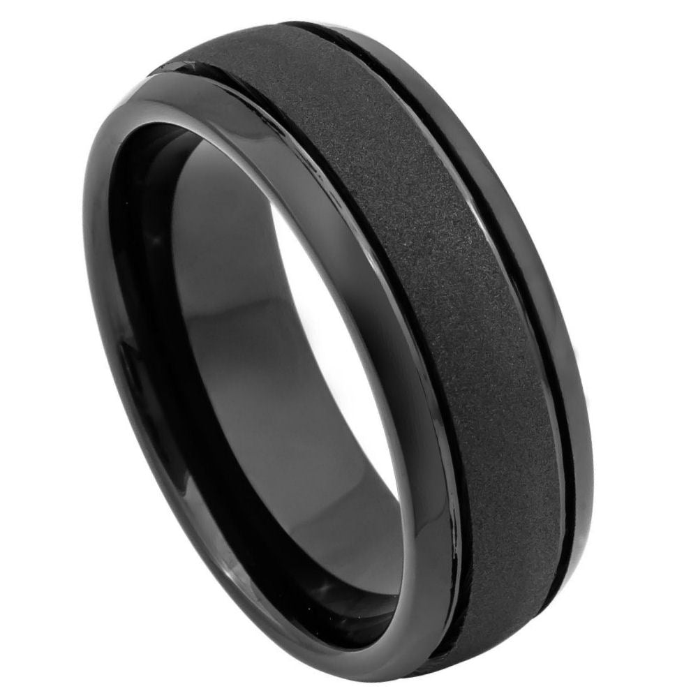 8mm Black Tungsten Sandblasted Groove Band on white background