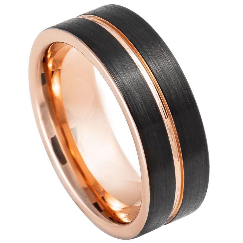 8mm Black Tungsten Brushed Band with Rose Edges on white background