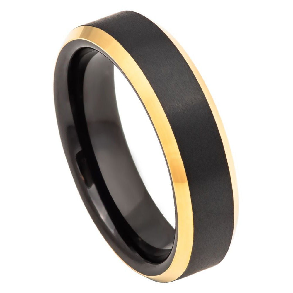 6mm Black Tungsten Flat Band with Yellow Edges on white background