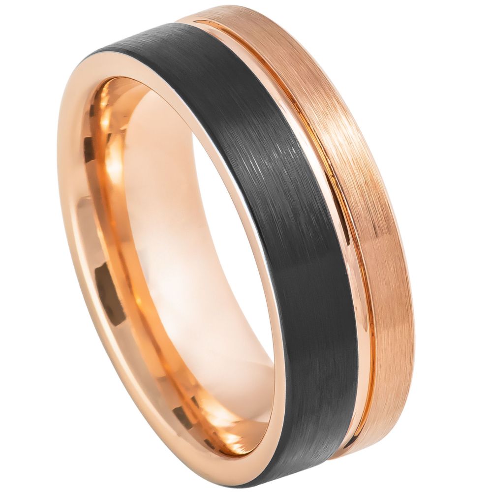 8mm Black Tungsten Brushed Band with Rose Stepped Edges on white background