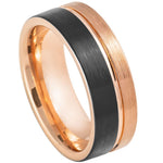 8mm Black Tungsten Brushed Band with Rose Stepped Edges on white background