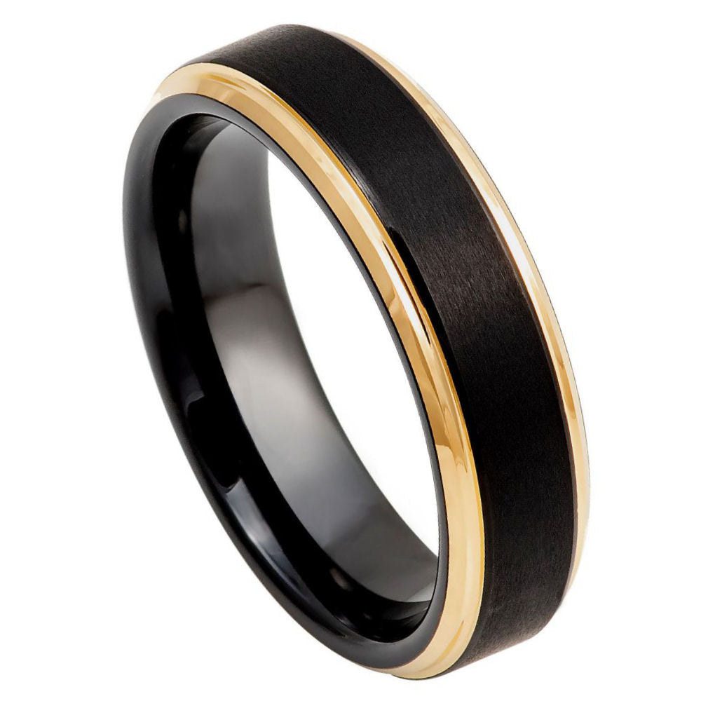 6mm Black Tungsten Brushed Band with Yellow Edges on white background