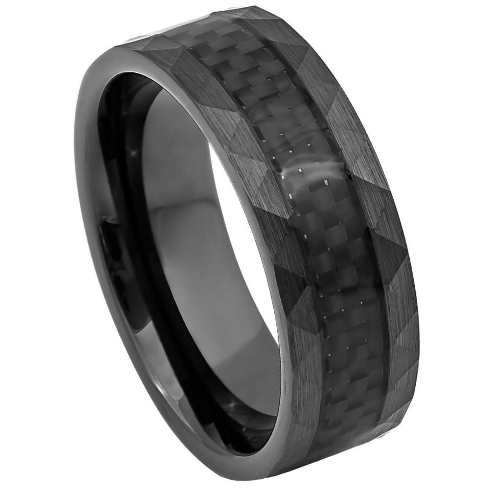 8mm Black Tungsten Faceted Carbon Fiber Band on white background