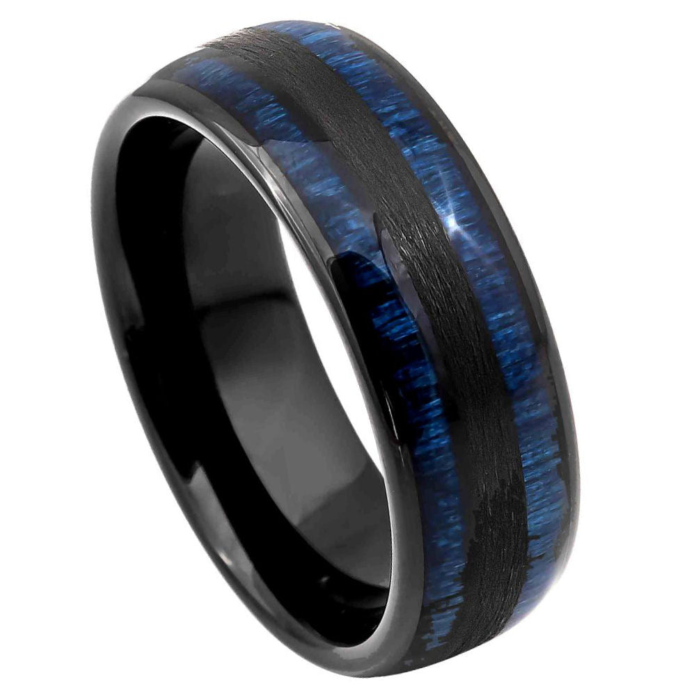 8mm Black Tungsten Band with Blue Carbon Fiber Inlay on white background