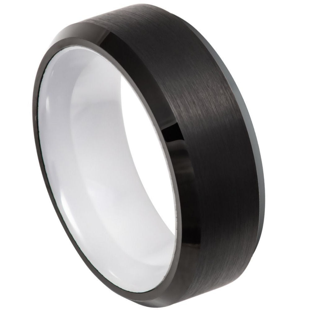 8mm Black Tungsten Brushed Band with White Ceramic Interior on white background