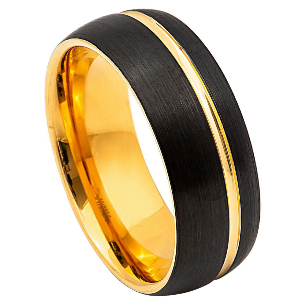 8mm Black Tungsten Brushed Band with Yellow Center Stripe on white background