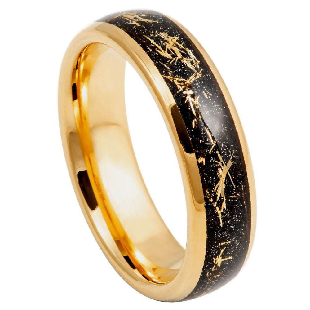 6mm Yellow Tungsten Band with Black & Gold Flake Inlay on white background