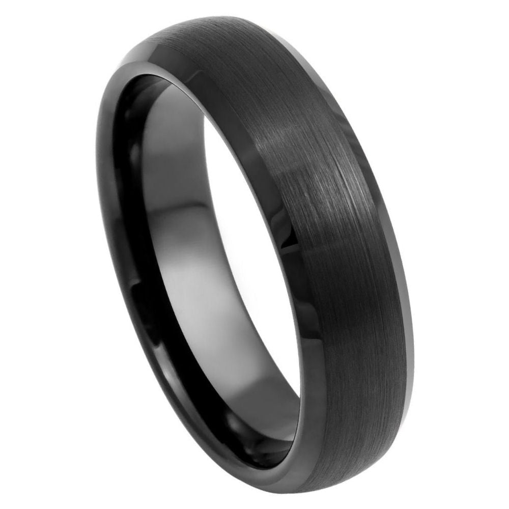 6mm Black Tungsten Brushed Band with Polished Beveled Edges on white background